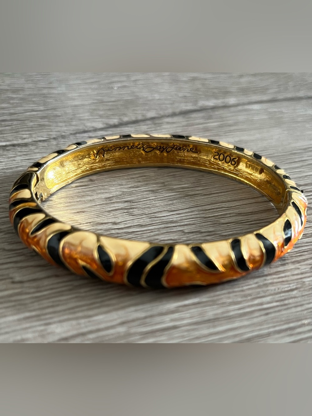 Kenneth Jay Lane Signed Gold-tone Bangle Black and Orange Enamel Tiger Motif